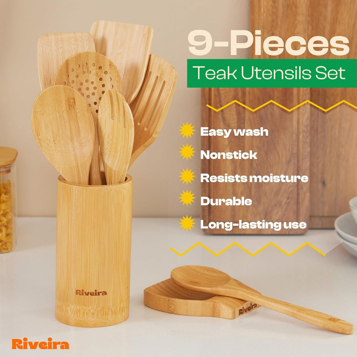 Riveira Natural Bamboo Wooden Cooking Utensils Set of 9 Premium Quality Non-Toxic Wooden Spoons and