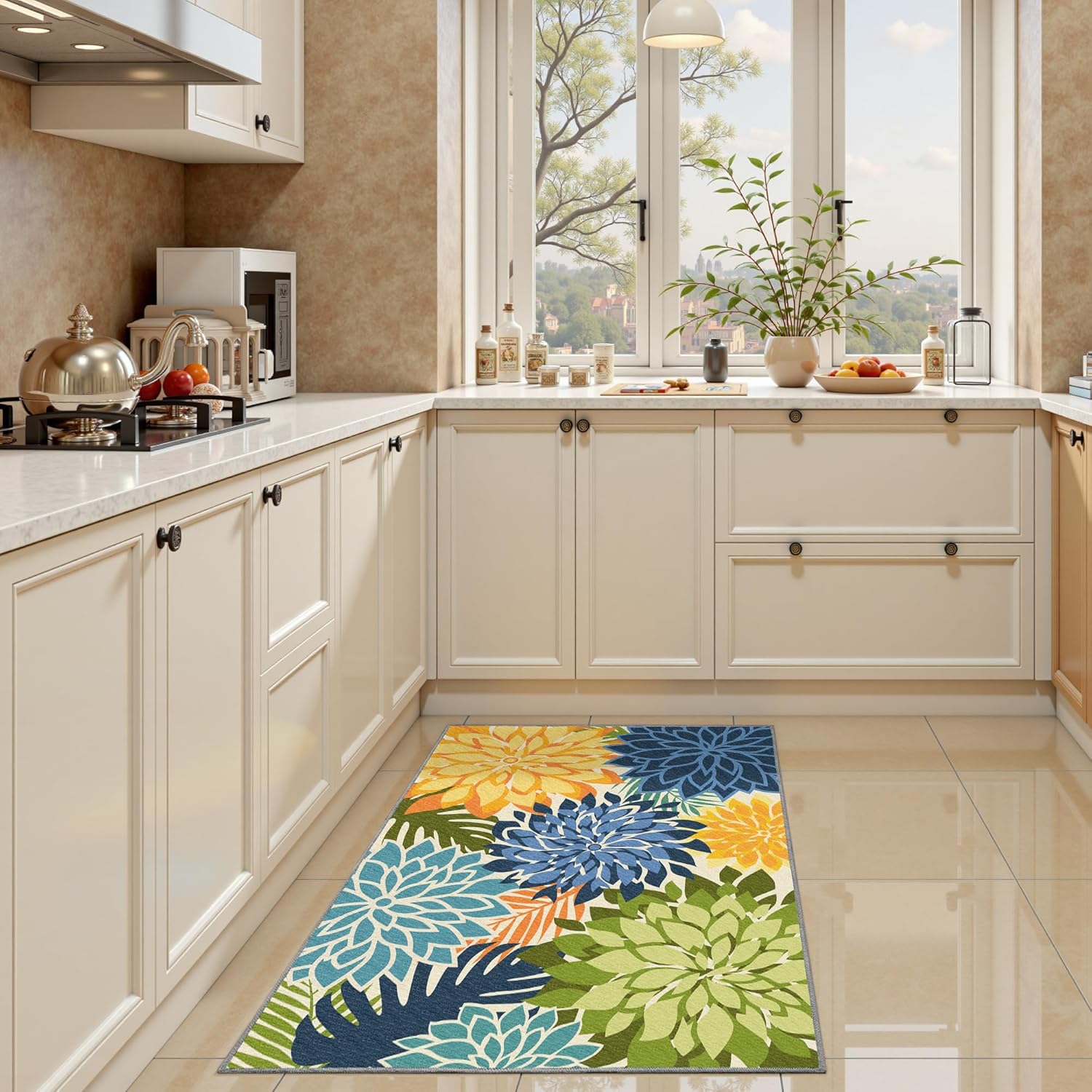 Area Rug 2x3 Yellow Green Washable Entry Small Rug Multicolored Tropical Botanical Modern Floral