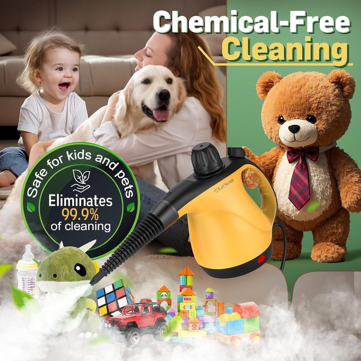 Multi-Surface Portable Steam Cleaner with 11Pcs Accessories, Chemical-Free Pressurized Steamer for