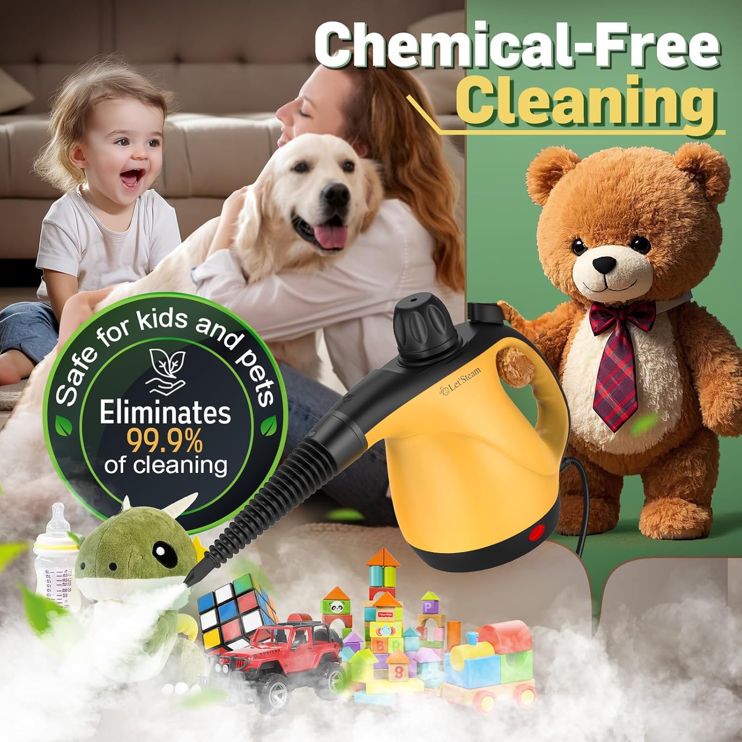 Multi-Surface Portable Steam Cleaner with 11Pcs Accessories, Chemical-Free Pressurized Steamer for