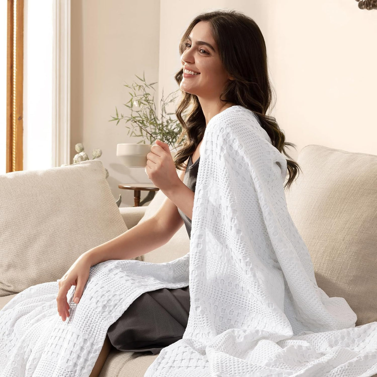 PHF Cooling Waffle Blanket King Size, Lightweight 60% Rayon Derived from Bamboo & 40& Cotton