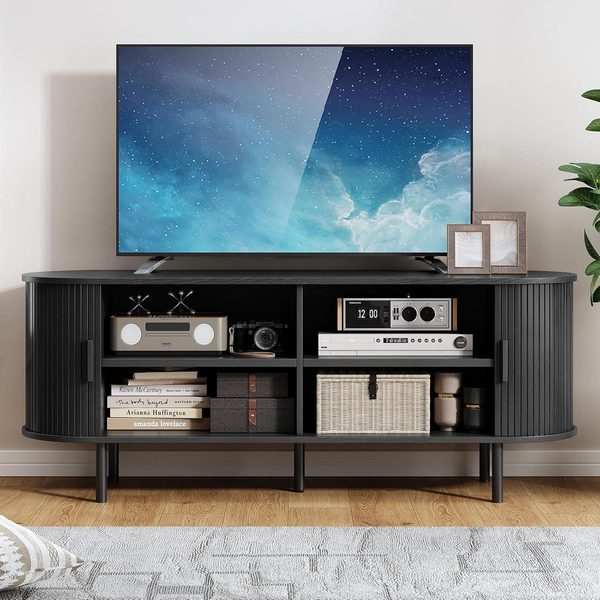 55" TV Stand with Power Outlet, Modern Media Console with Sliding Doors, Entertainment Center for