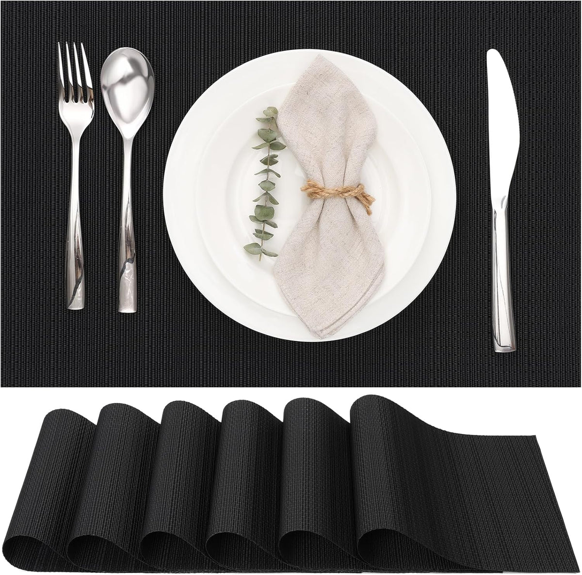 Myir JUN Placemats Set of 6, Vinyl Woven Placemats Place Mats Indoor Washable Table Mats Non-Slip