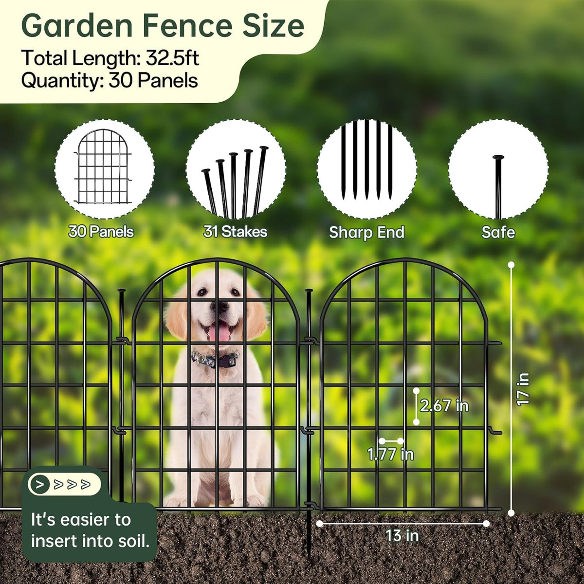 32.5 ft(L) x 22 in(H) Garden Fence, 30 Panels Arched No Dig Fence, Decorative Animal Barrier
