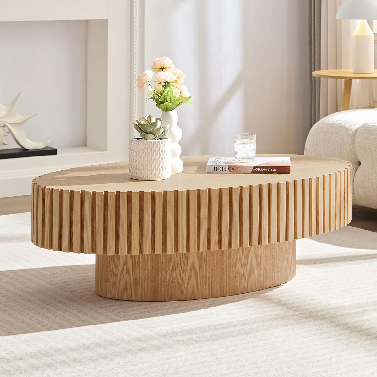 Oval Coffee Table for Living Room, Modern Fluted Coffee Tables with Pedestal Base, Handcrafted