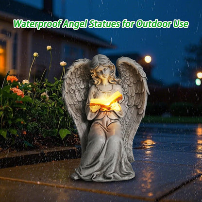 Angel Statue Outdoor Decor, Elegant Angel Garden Statues Reading Book with Solar LED Lights Yard