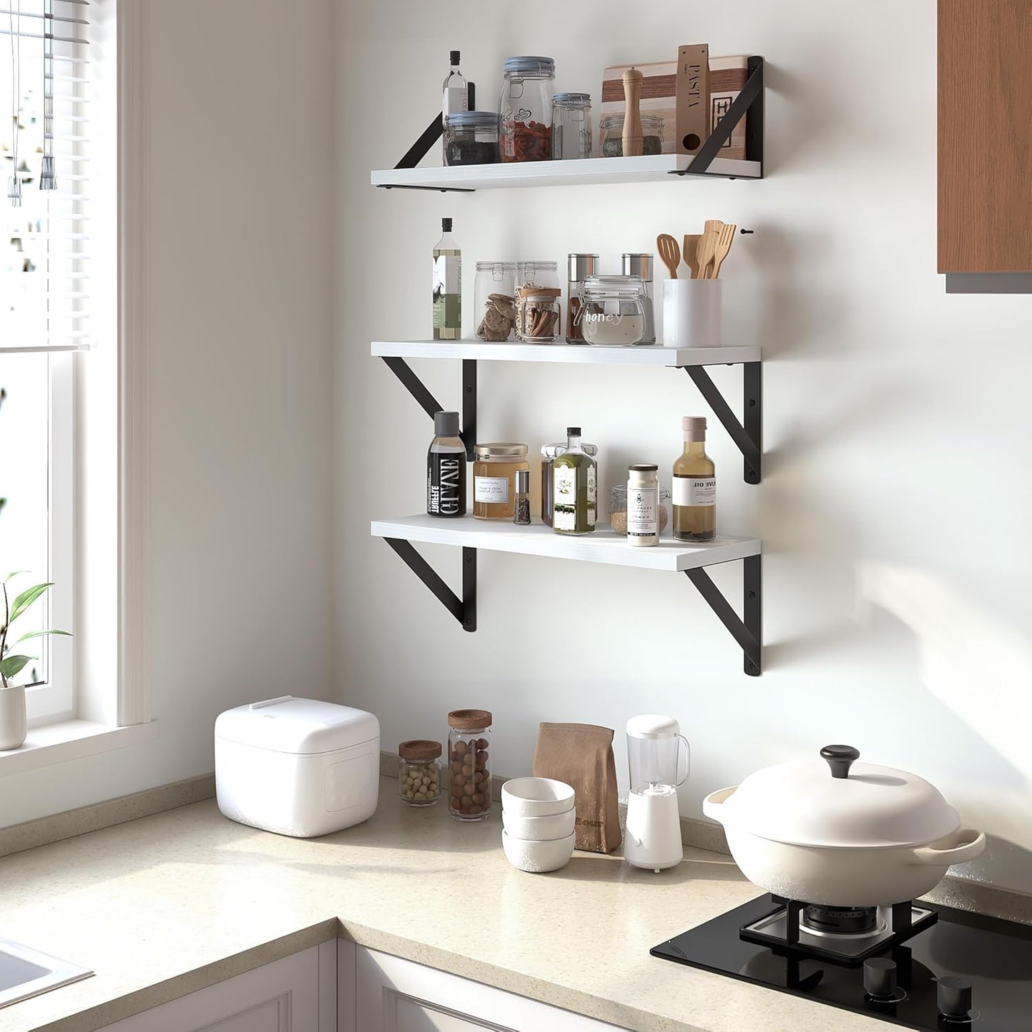 Heimlove Floating Shelves for Wall, 16 Inch Long Wood Floating Shelves Set of 3, Wall Mounted