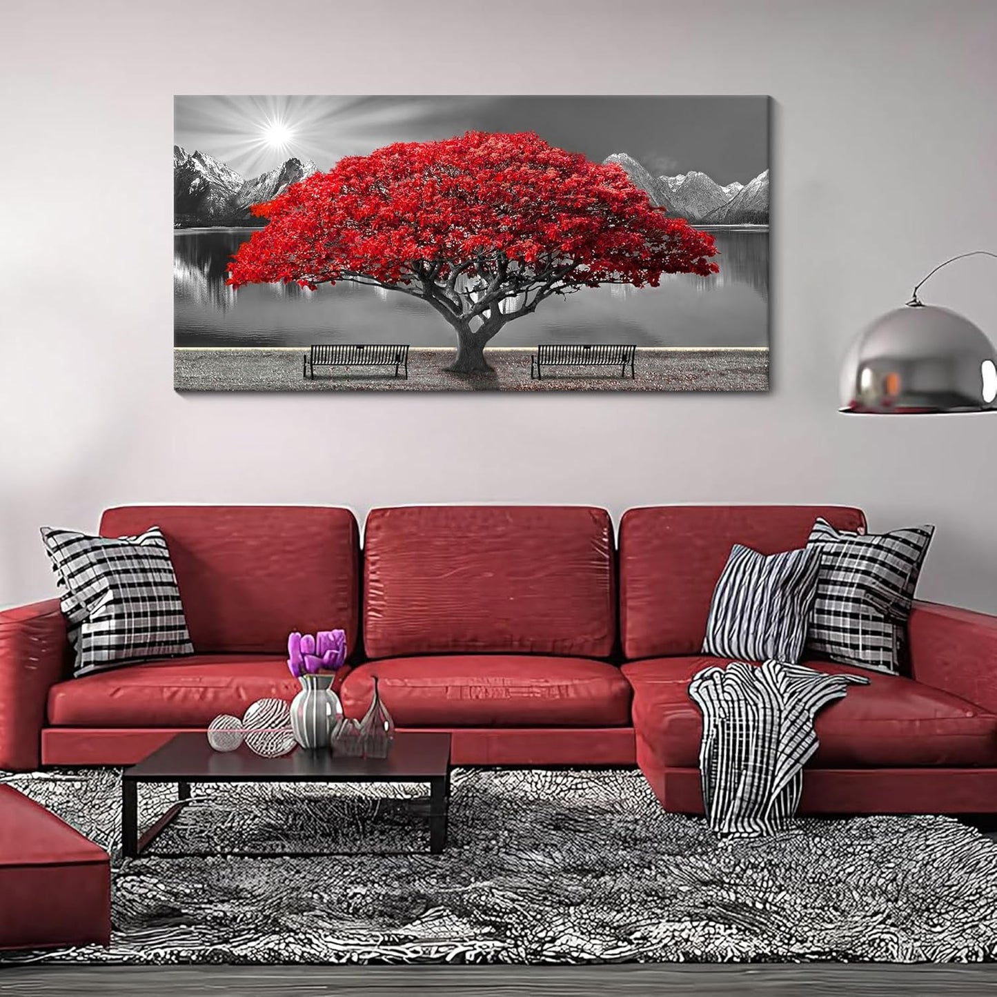 Black and White Red Tree Wall Art Canvas Print Picture Large Red Tree Landscape Modern Artwork for