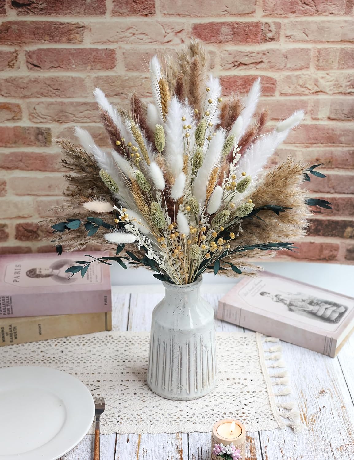 126pcs Dried Pampas Grass Decorations, Dried Flowers, Dried Bouquet in Vase, Reed Grass Bouquet for