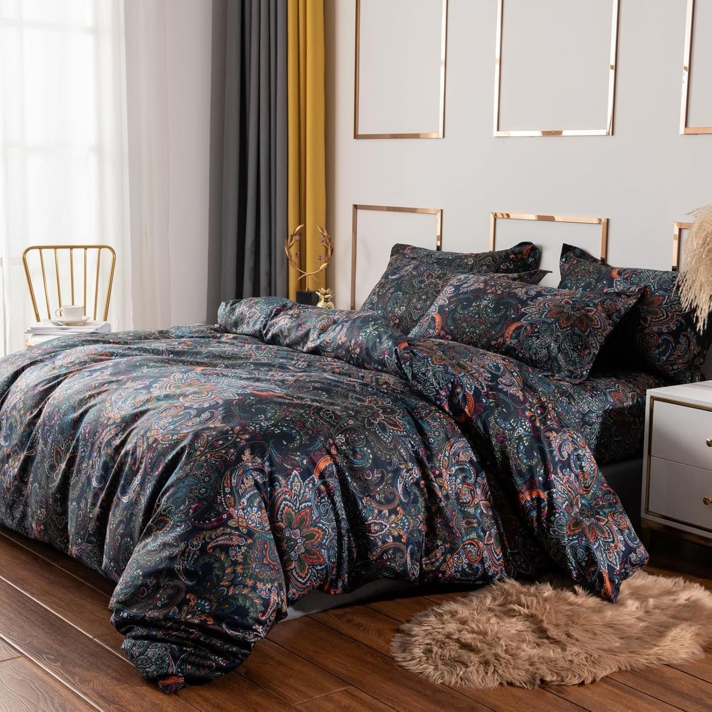 ABREEZE Luxury Vintage Black Duvet Cover Sets Damask Paisley Bedding Set Retro 100% Brushed Cotton