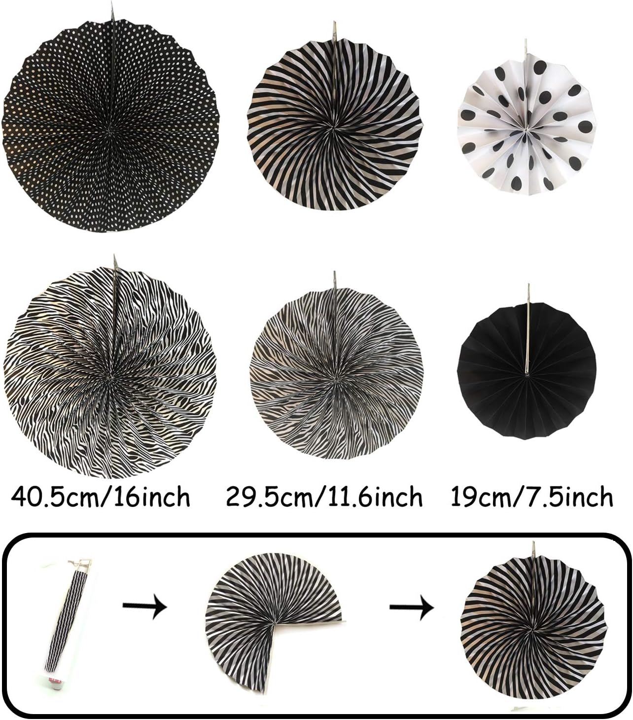 ZERODECO Party Decoration, 21 Pcs Black and Gold Hanging Paper Fans, Pom Poms Flowers, Garlands