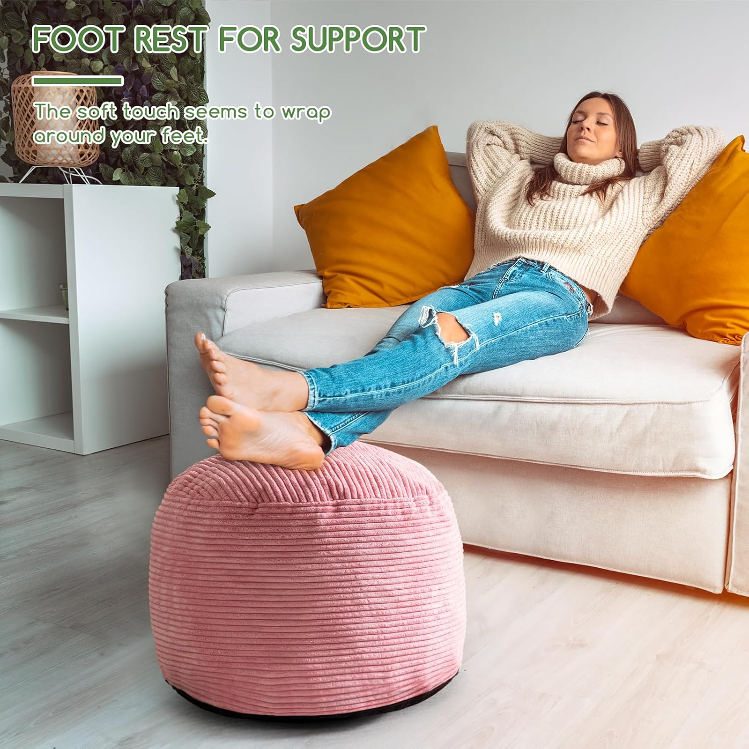 HIGOGOGO Round Stuffed Pouf Ottoman, Corduroy Poufs with Foam Chunk Filling, Furry and Fluffy Pouf