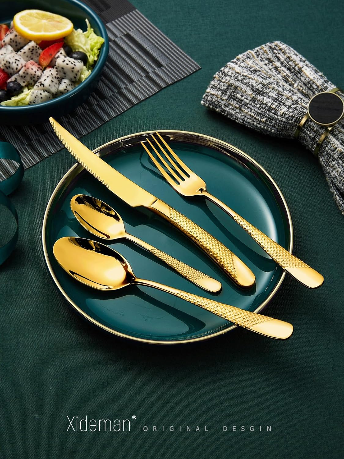 16-Piece Luxury Gold Hammered Silverware Set with Ultra Sharp 2-IN-1 Serrated Knife, 18/10