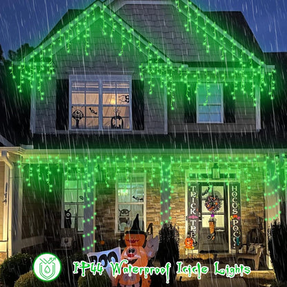 YEGUO 33ft 400 LED Green Icicle Halloween Lights Outdoor Waterproof, 80 Drops Icicle Light