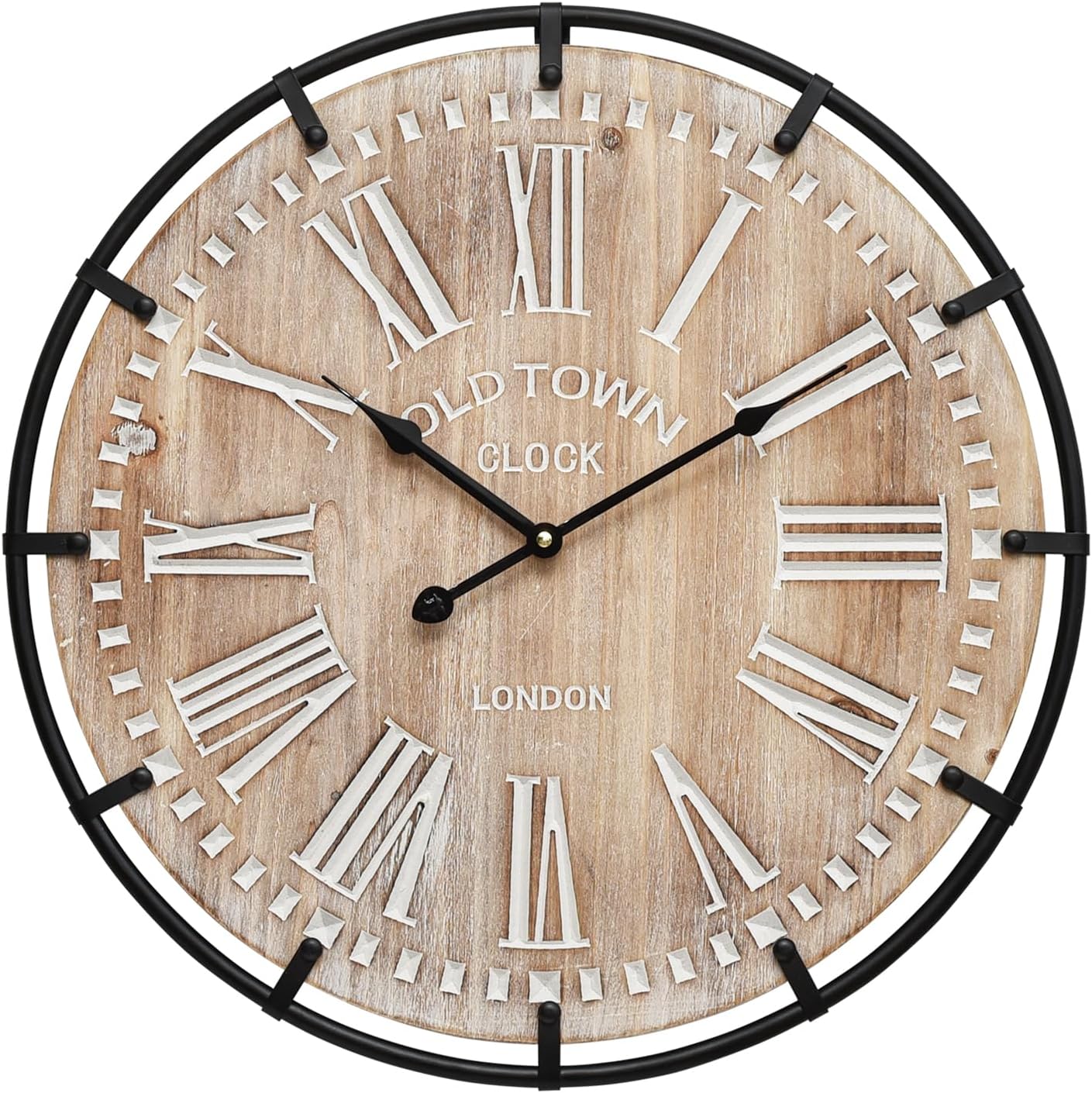 20 Inch Large Farmhouse Wall Clock, Rustic Antique Wood with Metal Circle and Large Engraved