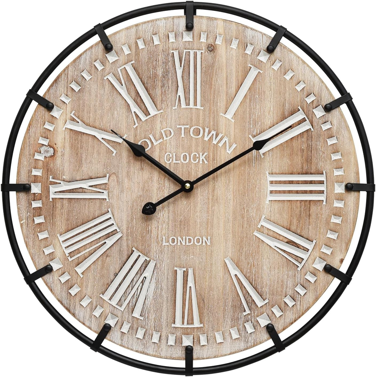 20 Inch Large Farmhouse Wall Clock, Rustic Antique Wood with Metal Circle and Large Engraved