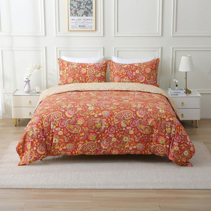 ABREEZE Paisley Bedding Sets 3Pcs Brushed Cotton Duvet Cover Set Queen Size Rustic Damask Red