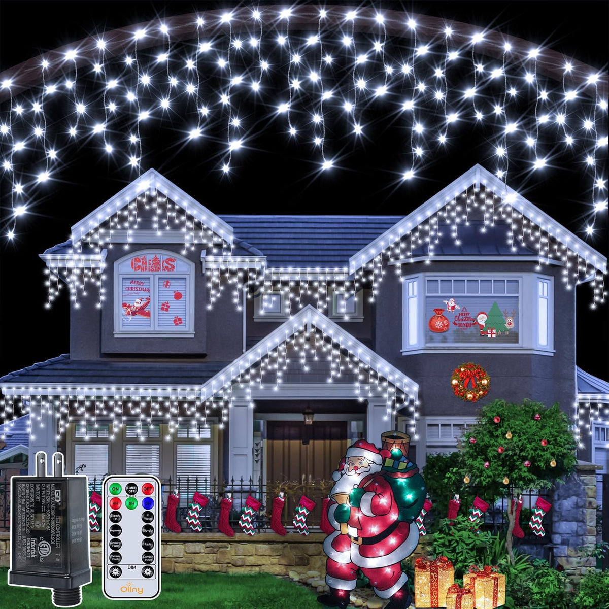 Ollny Icicle Lights Outdoor Cool White, 594LED 49FT Christmas Lights with Remote 8 Modes Dimmable