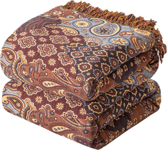 Boho Throw Blanket for Couch Sofa Bed, 100% Cotton Woven Quilt with Tassel 60”x80”, Super Soft