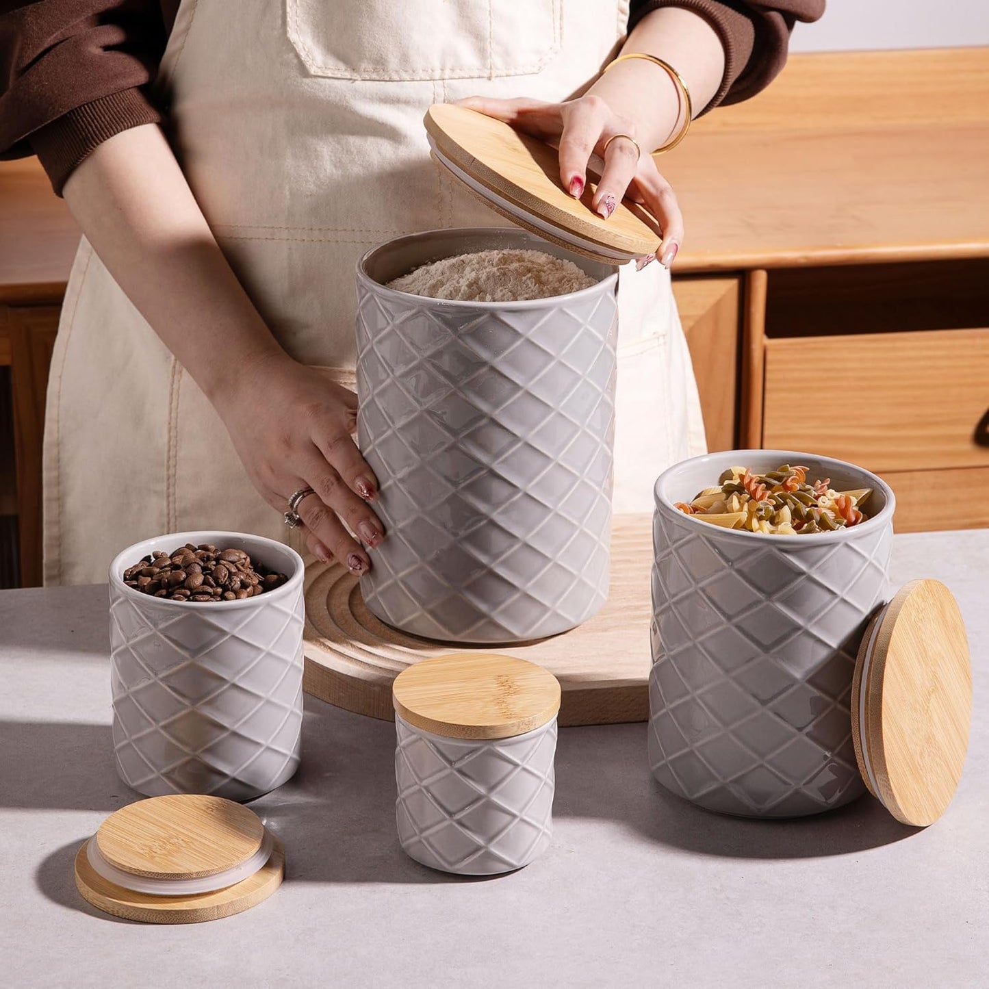 Sweejar Ceramic Canisters Sets for Kitchen Countertop, Relief Food Storage Jar with Bamboo Lid