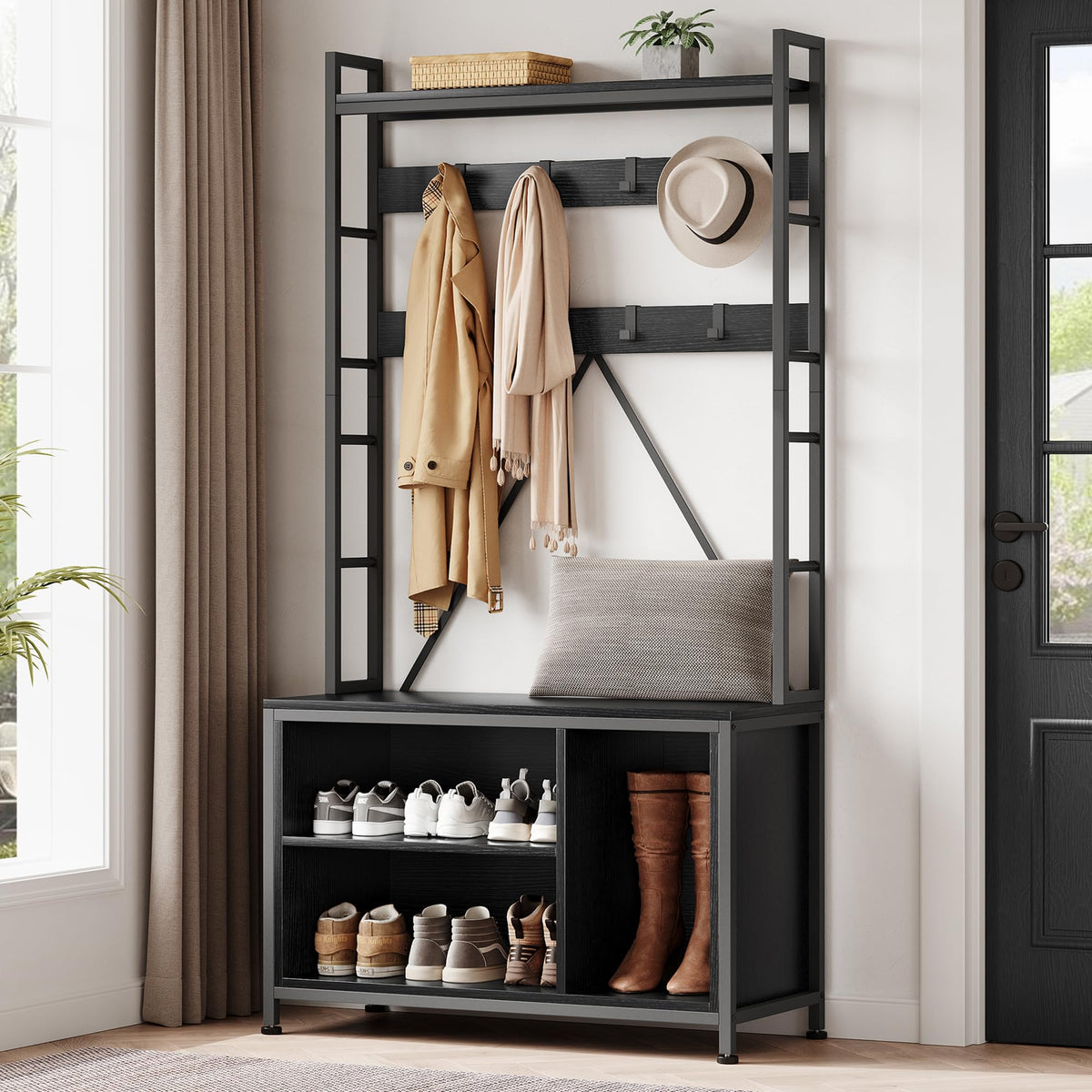 IDEALHOUSE Hall Tree with Bench Coat Rack Shoe Bench Industrial Coat Tree with Storage Cubbies