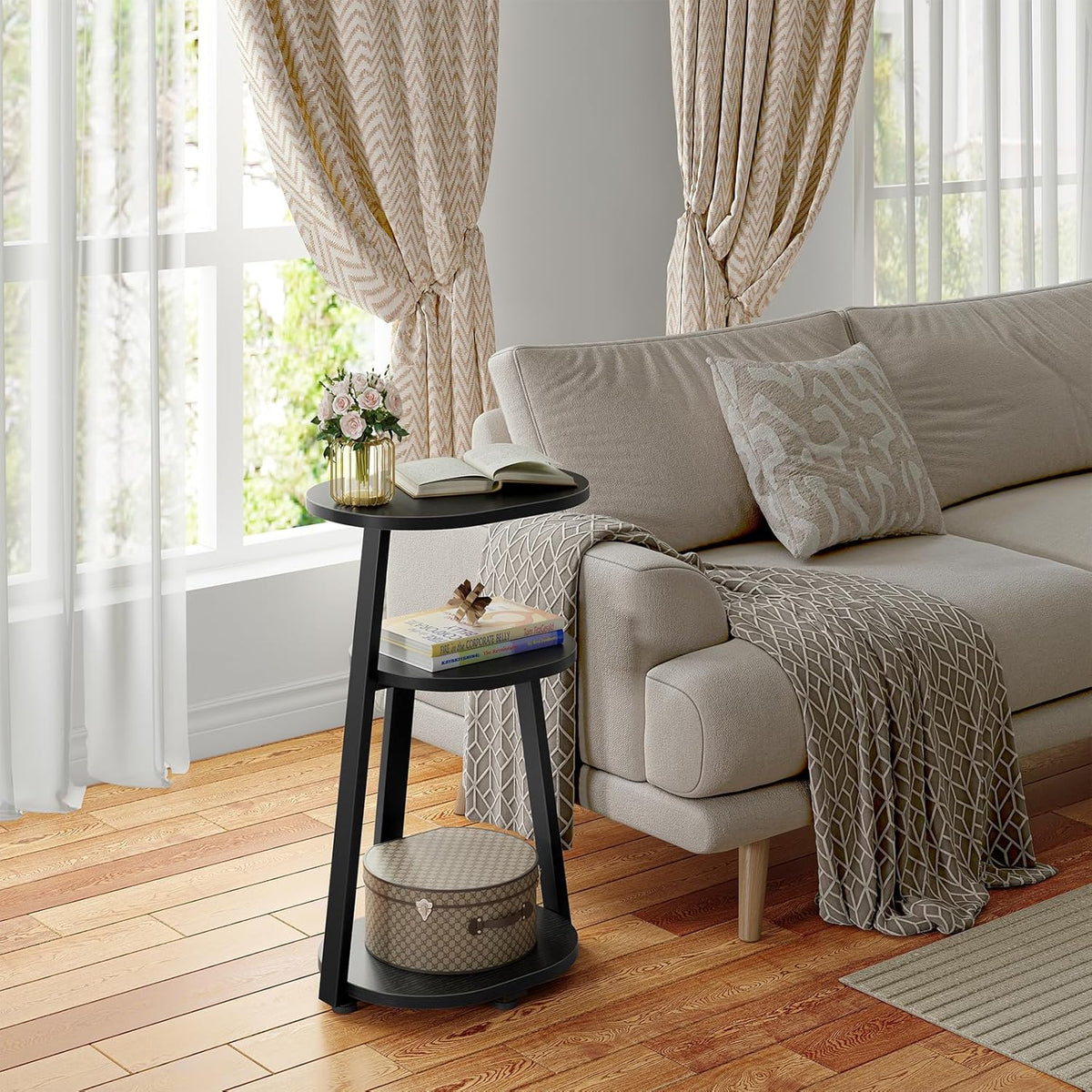 Side Table, Small End Table with Metal Frame, 3-Tier Bedside Tables, Round Side Tables for Living