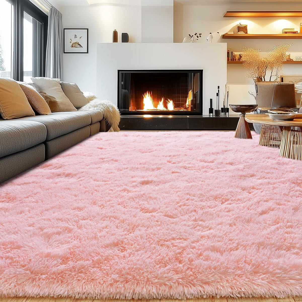 Rezutan Extra Large Fluffy Area Rug for Bedroom Living Room, 9x12 Feet Pink Modern Indoor Carpets