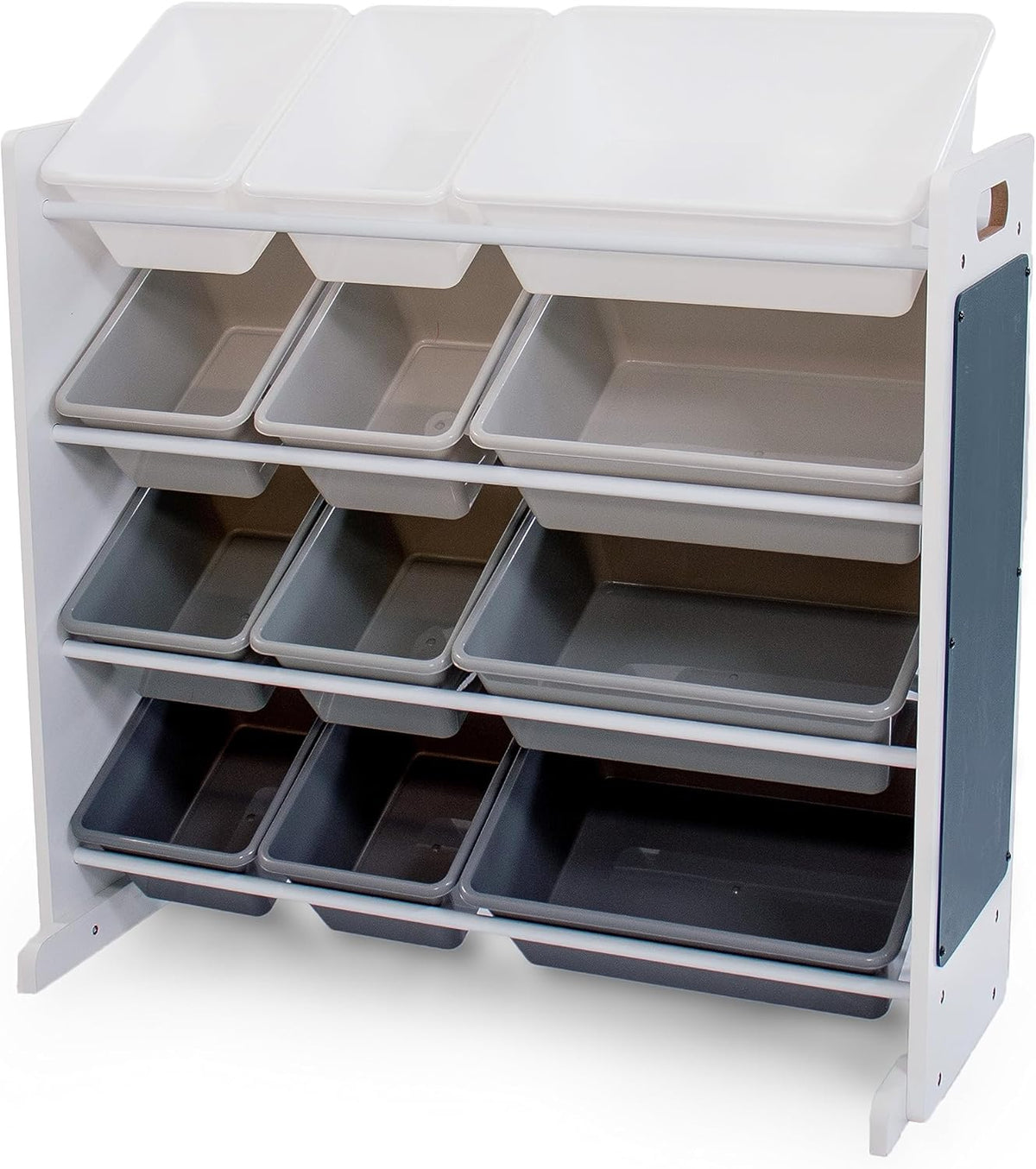 12-Bin Toy Organizer – White/Grey Gradient Ombre Frame with Chalkboard, Eraser & Chalk, Multi-Tier