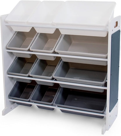 12-Bin Toy Organizer – White/Grey Gradient Ombre Frame with Chalkboard, Eraser & Chalk, Multi-Tier