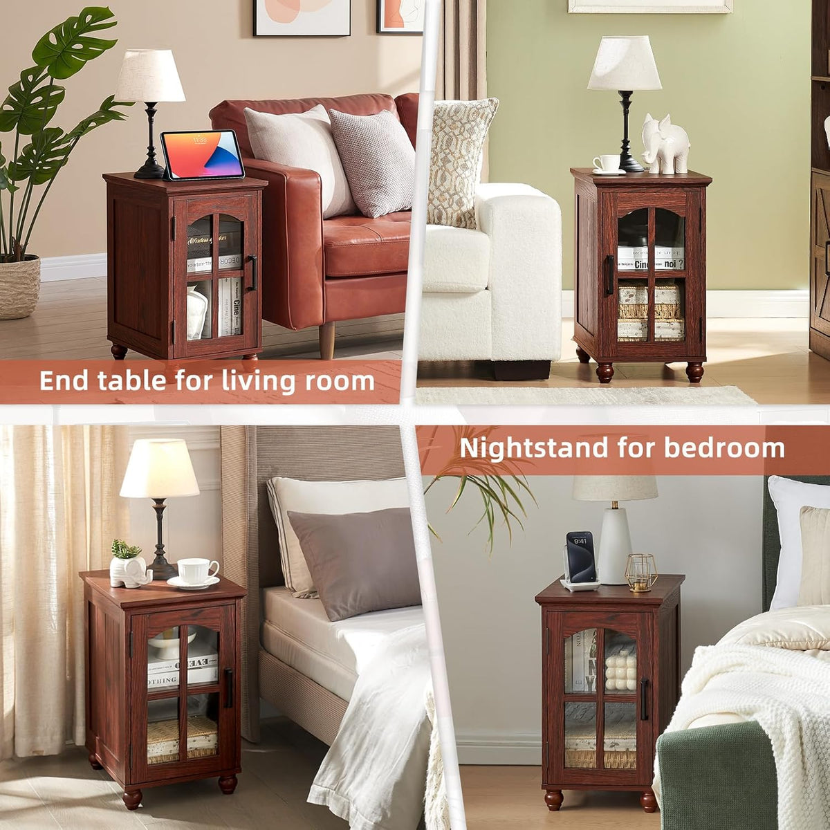 Narrow Side Table,Farmhouse Nightstand with Charging Station,Wood End Table with Glass Barn Door