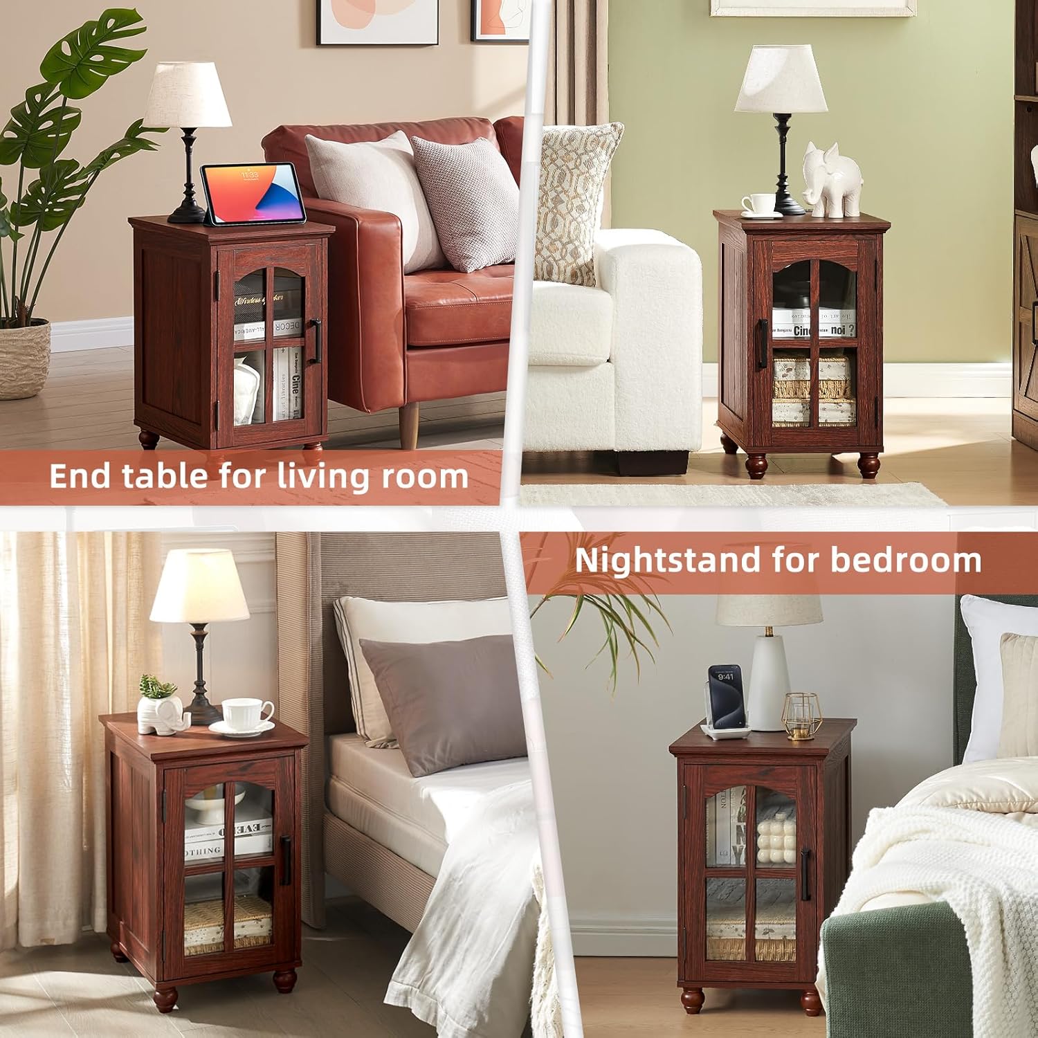 Narrow Side Table Set of 2,Farmhouse Nightstand with Charging Station,End Table with Glass Barn