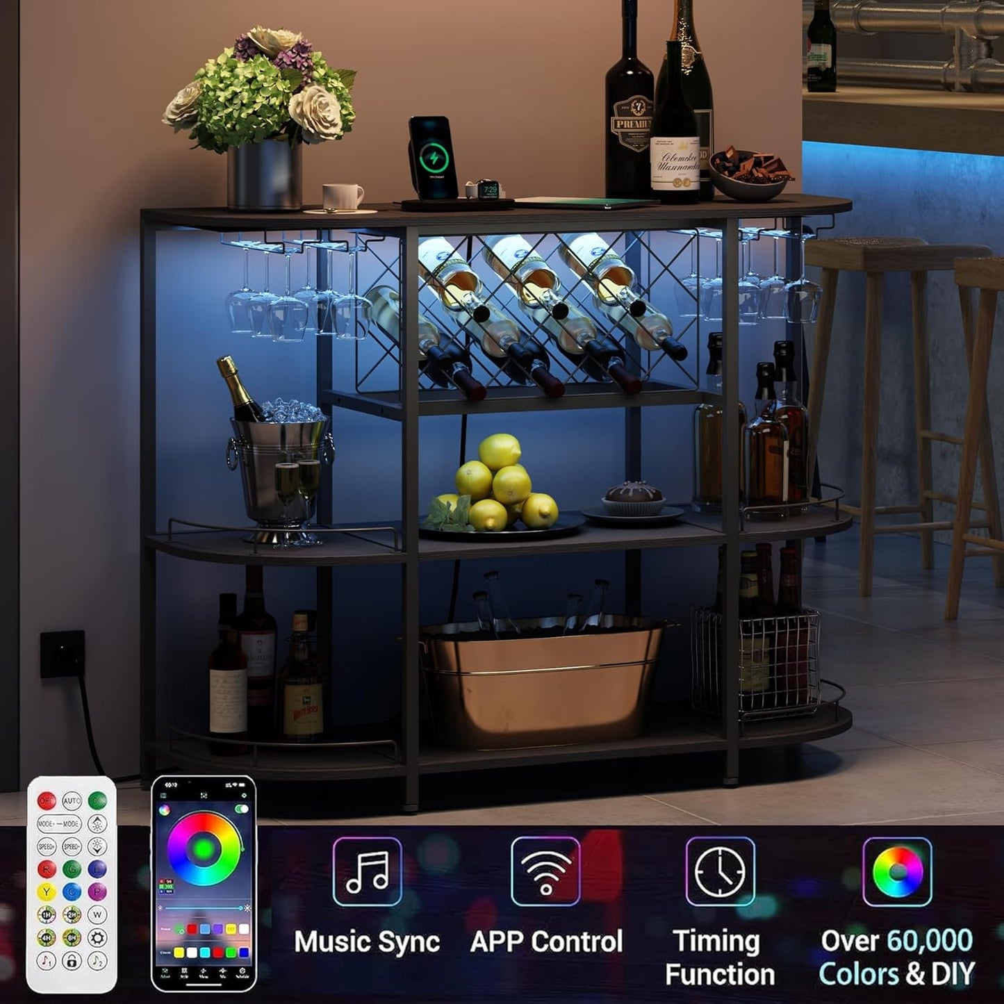 Wine Cabinet Coffee Table with Power Socket and LED Light, Three Tiers Coffee Bar Table Wine Rack