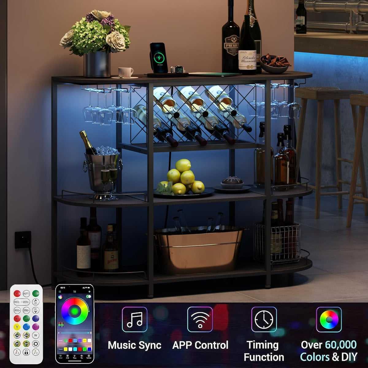 Wine Cabinet Coffee Table with Power Socket and LED Light, Three Tiers Coffee Bar Table Wine Rack