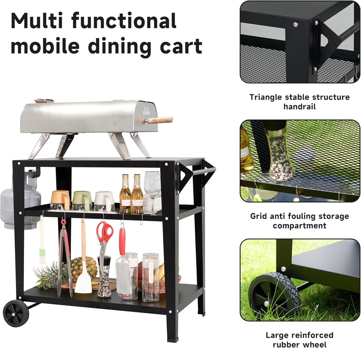Black Outdoor Grill Cart with Wheels, Heavy-Duty 3-Tier BBQ Prep Table for Pizza Oven, Griddle
