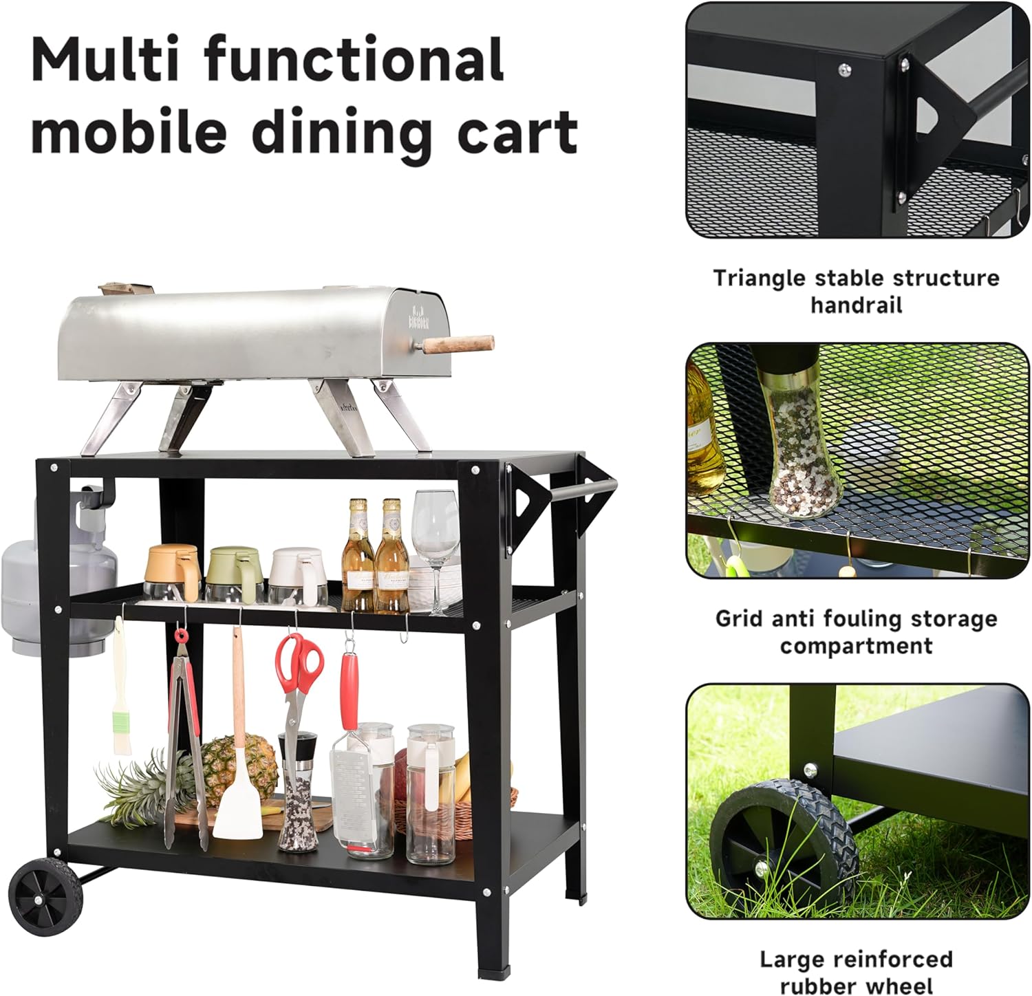 Black Outdoor Grill Cart with Wheels, Heavy-Duty 3-Tier BBQ Prep Table for Pizza Oven, Griddle