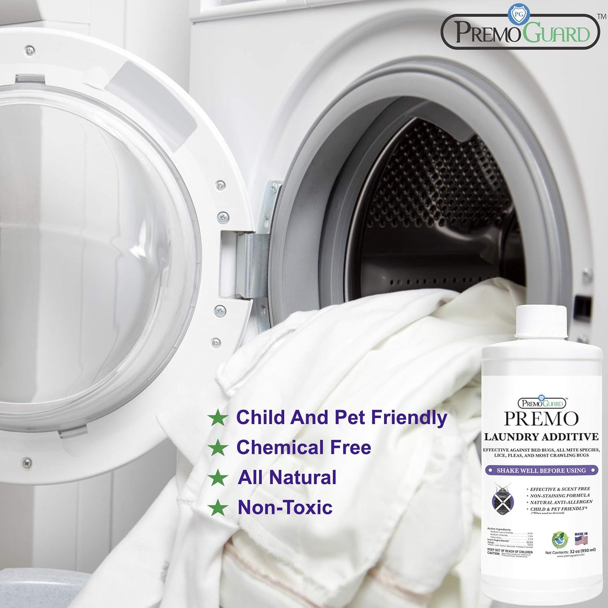 Premo Guard Bed Bug & Mite Laundry Detergent Additive 32 oz – Child & Pet Friendly – Stain & Odor