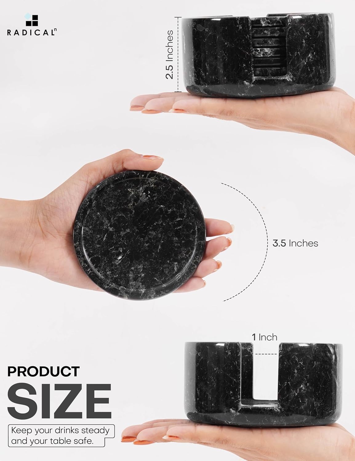 Marble Coasters Set of 6 Black 3.5 Inch Round Coaster for Drinks with Holder, Drink Coaster for