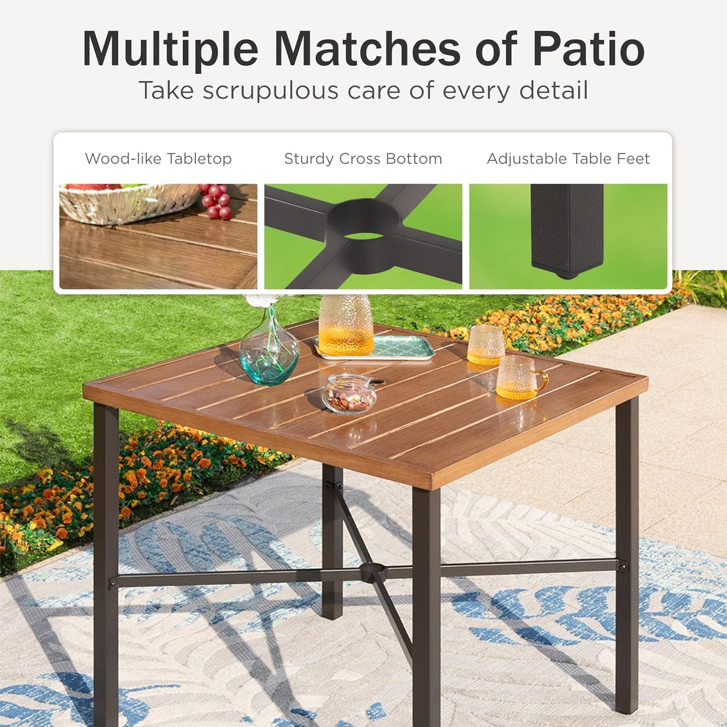 PHI VILLA 5 pcs Outdoor Bar Set, Outdoor Swivel Bar Stool with Red Seat Cushion and Lumbar