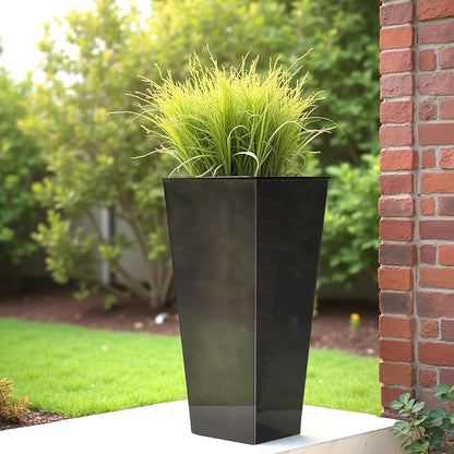 WORTH Garden 28" Large Metal Glazed Planter Set of 2, Luxurious Glossy Finish Black Tall Square