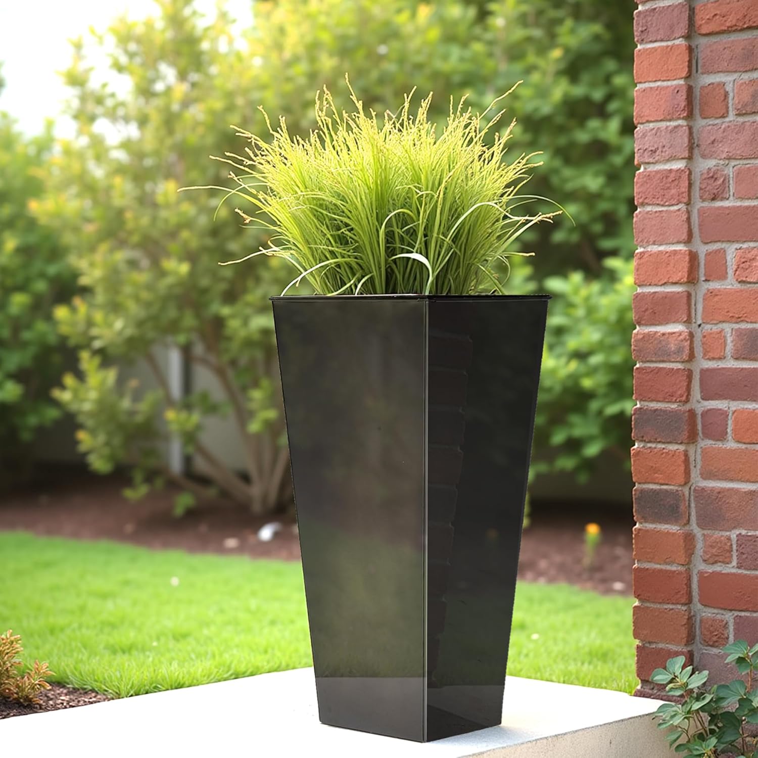 WORTH Garden 25" Large Metal Glazed Planter Set of 2, Luxurious Glossy Finish Black Tall Square