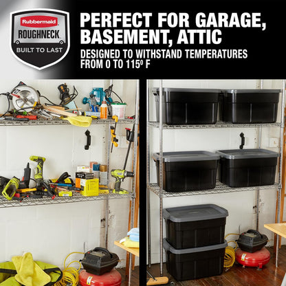 Rubbermaid Roughneck Tote 14 Gal, 6 Pack, Made in USA, Black & Gray, Rugged Plastic Stackable