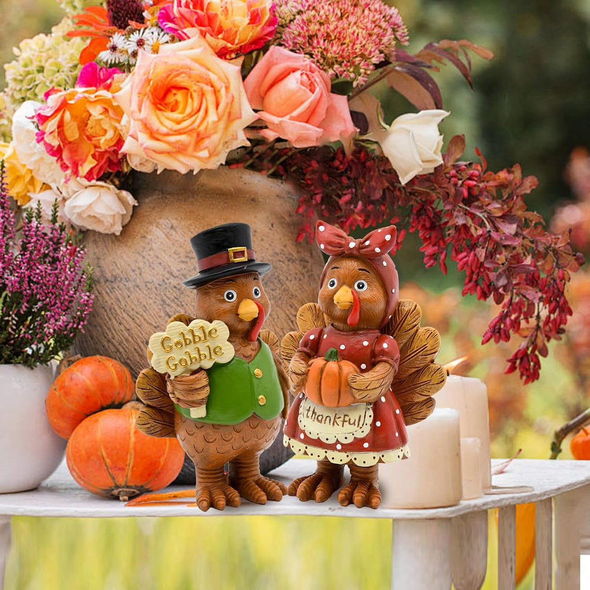 Thanksgiving Turkey Decor - 2Packs Resin Turkey Couple Standing Figurines Thanksgiving Decorations