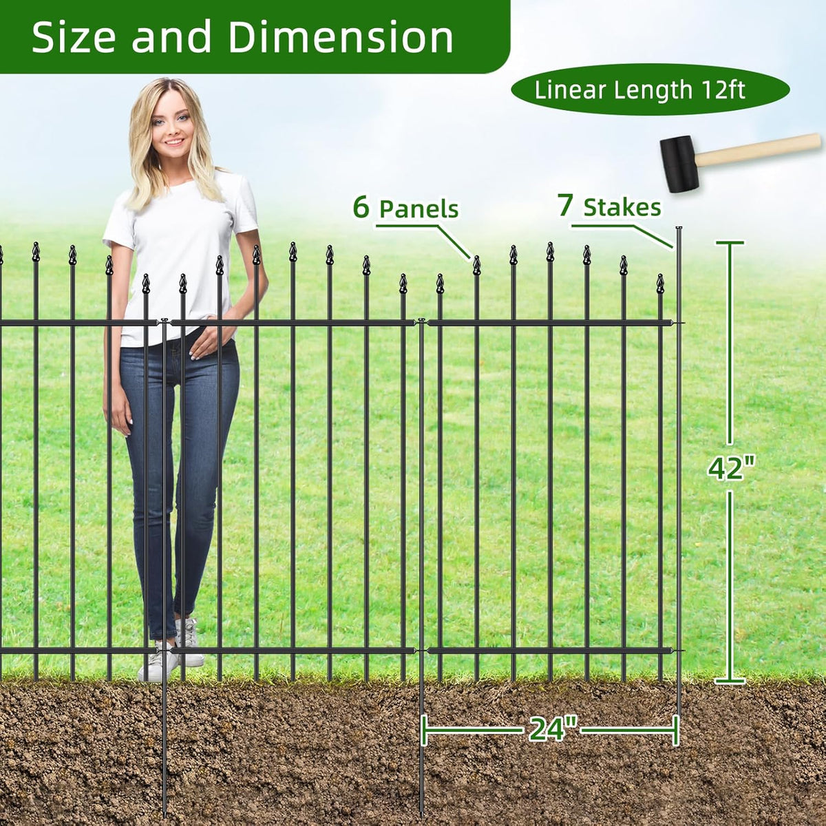 Metal Garden Fence 42 in H x 12 ft L, 6 Panels + 7 Stakes Border Dog Fence Panels Animal Barrier
