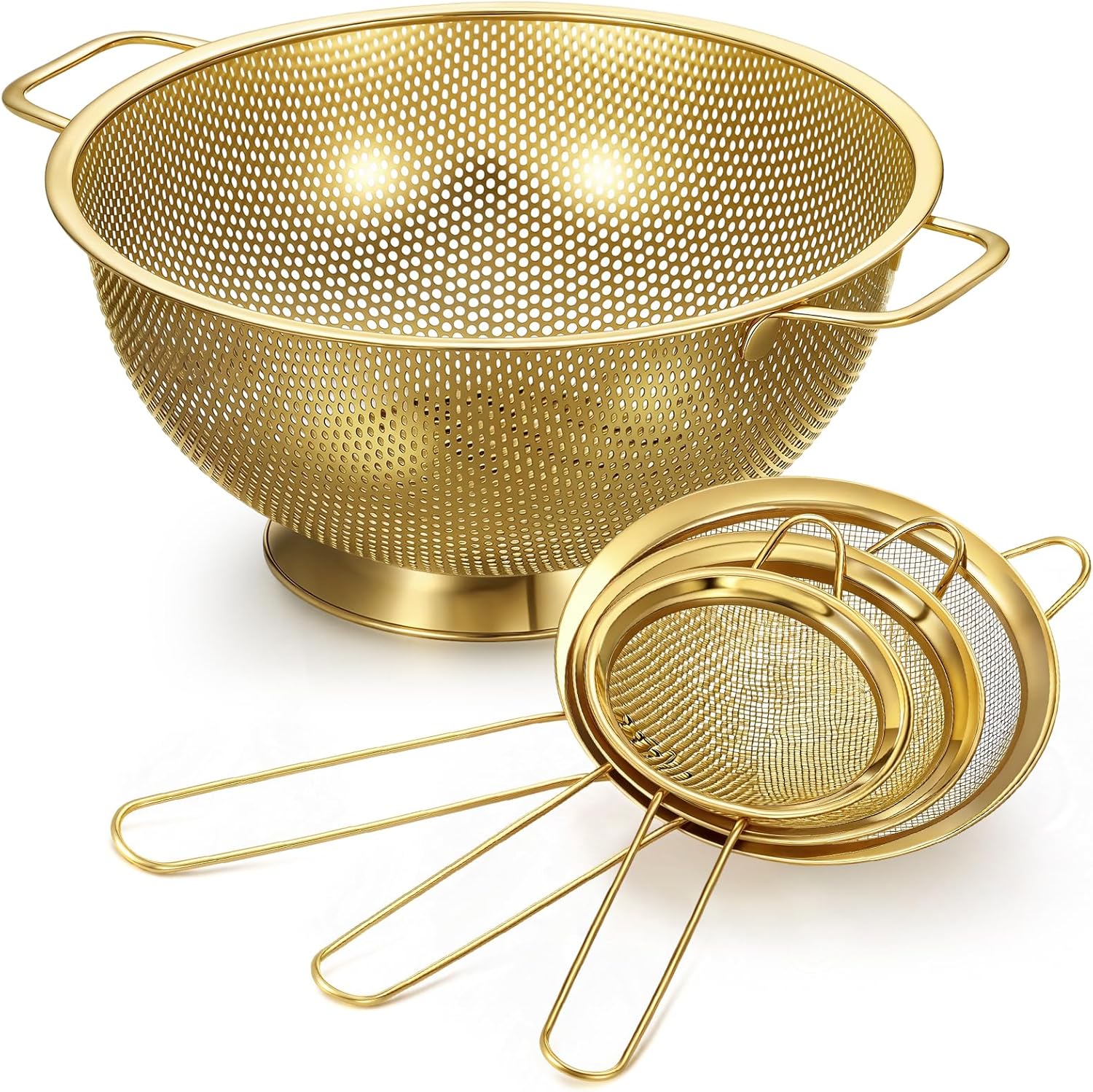 Norme 4 Quart Stainless Steel Gold Colander and 3 Pcs Gold Fine Mesh Strainer, Stainless Steel