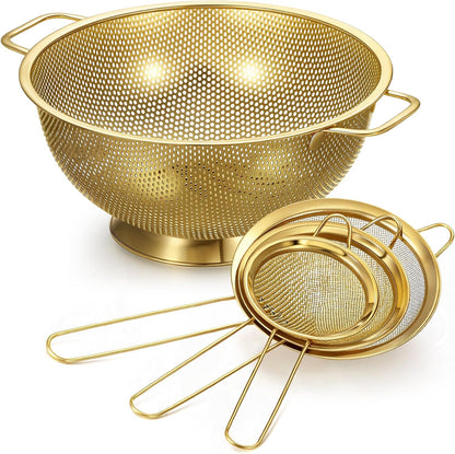 Norme 7 Quart Stainless Steel Gold Colander and 3 Pcs Gold Fine Mesh Strainer, Stainless Steel