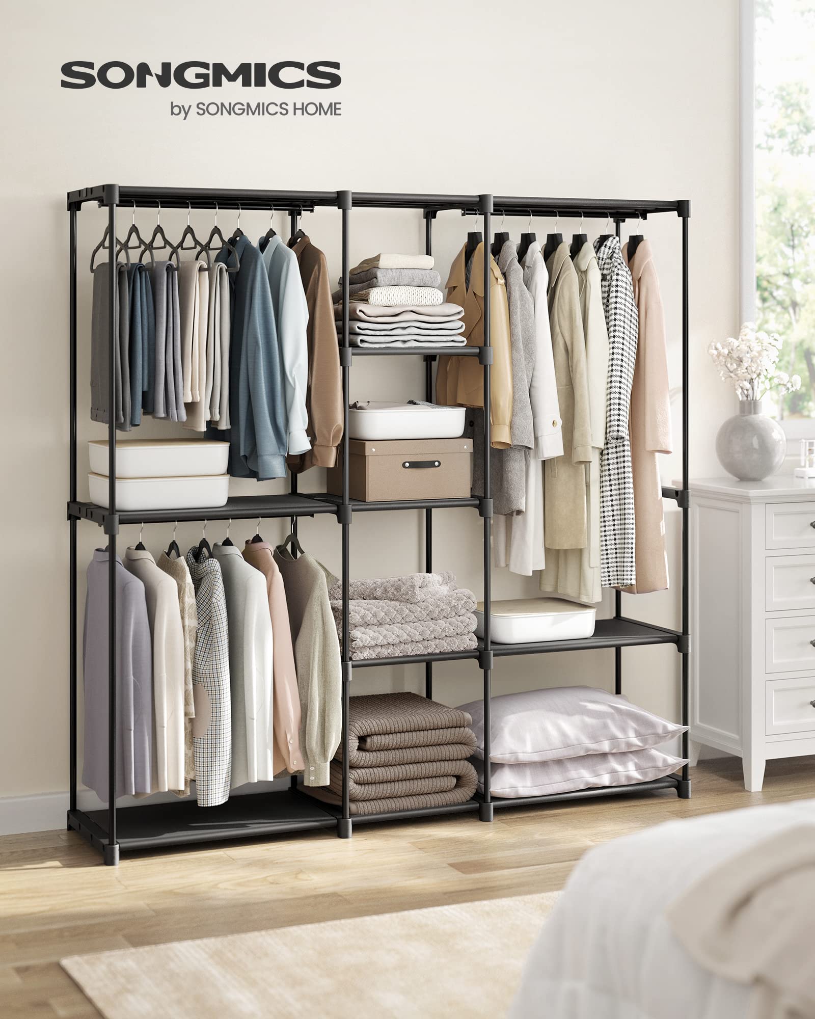 SONGMICS Portable Closet, Freestanding Closet Organizer, Clothes Rack with Shelves, Hanging Rods