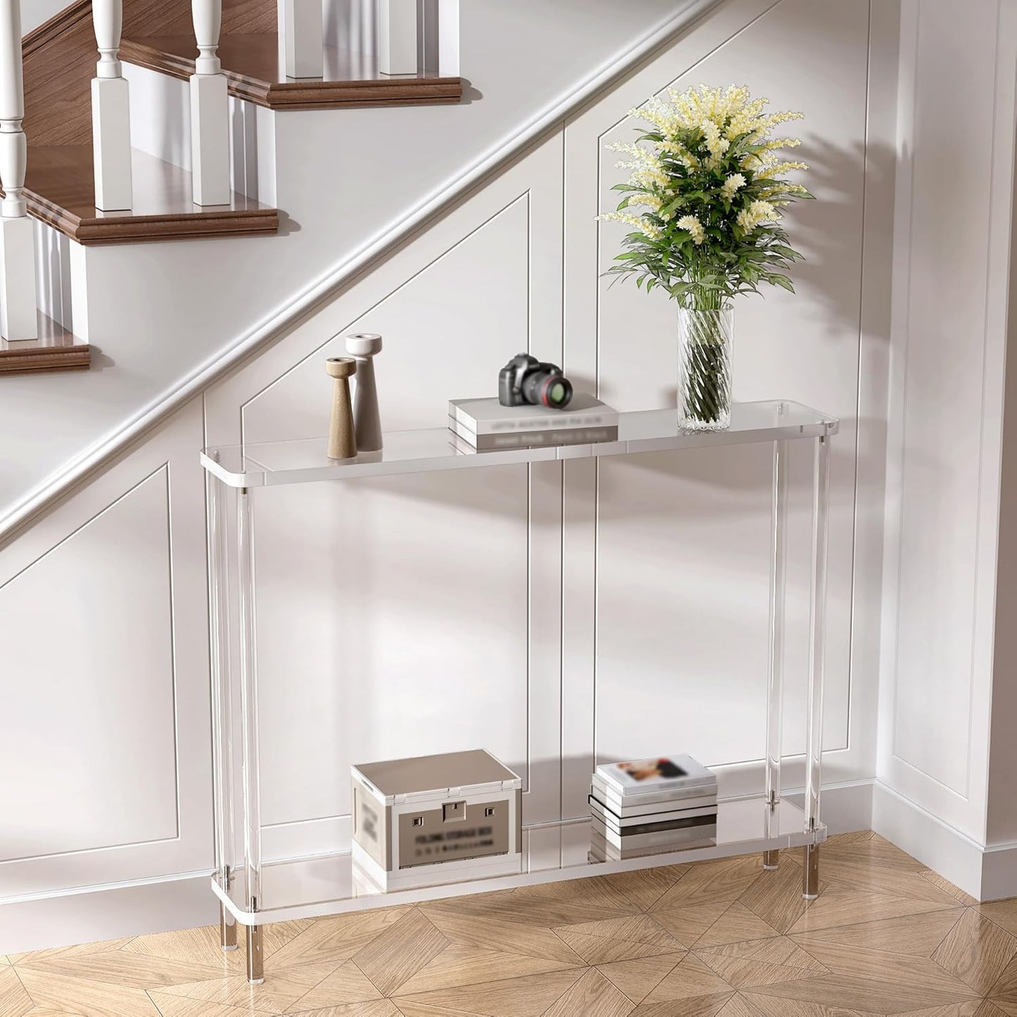 Acrylic Narrow Console Table for Entryway, 7.6" D x 39.4" W x 31.5" H, Cylindrical Legs, Skinny