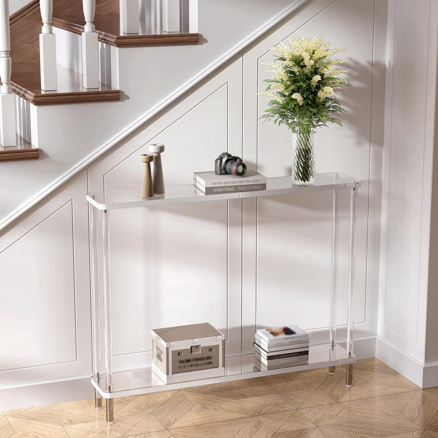 Acrylic Narrow Console Table for Entryway, 7.6" D x 39.4" W x 31.5" H, Cylindrical Legs, Skinny