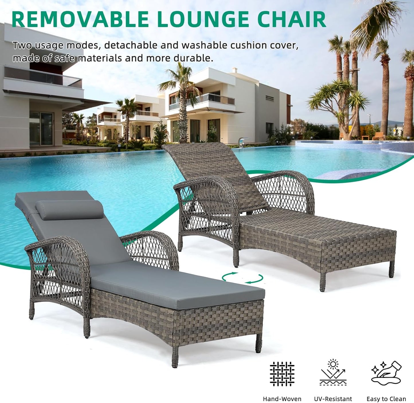 VIVIJASON 3 Pieces Outdoor Wicker Chaise Lounge Chair Set, All-Weather PE Rattan Cushioned Patio