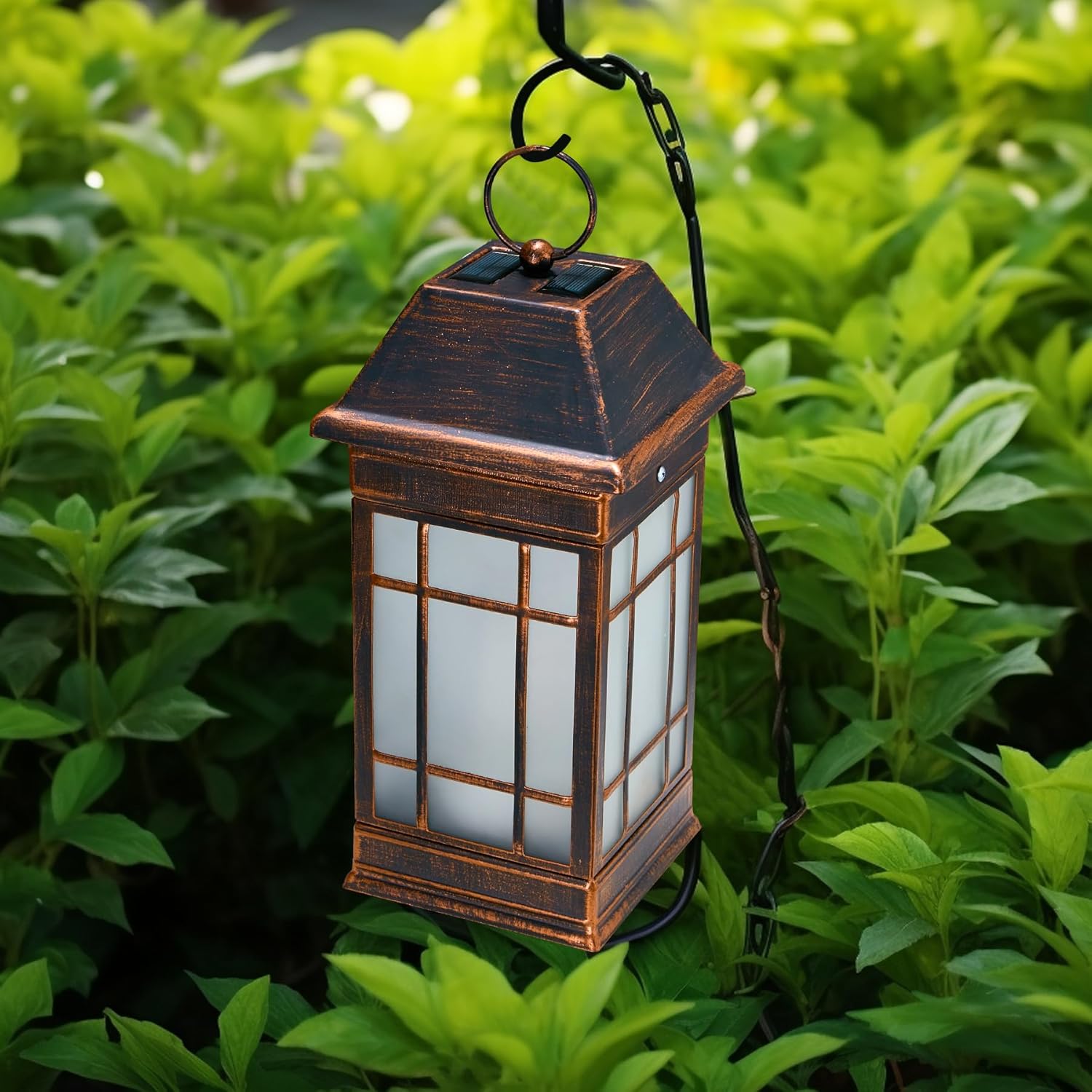 14" Solar Lantern Outdoor Waterproof, Glass Flickering Flame Solar Lanterns, Hanging Metal Lantern